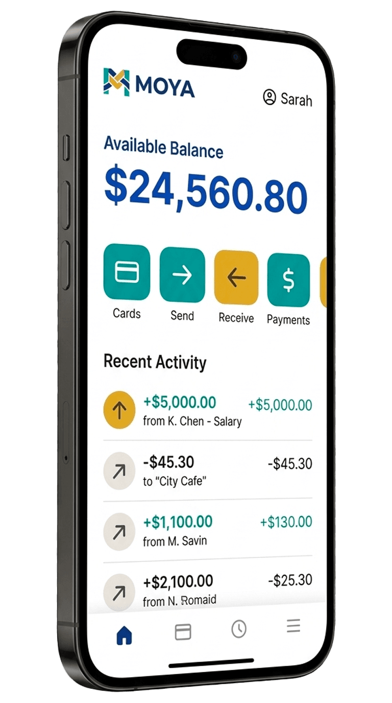 Écran principal MOYA pour le compte mobile