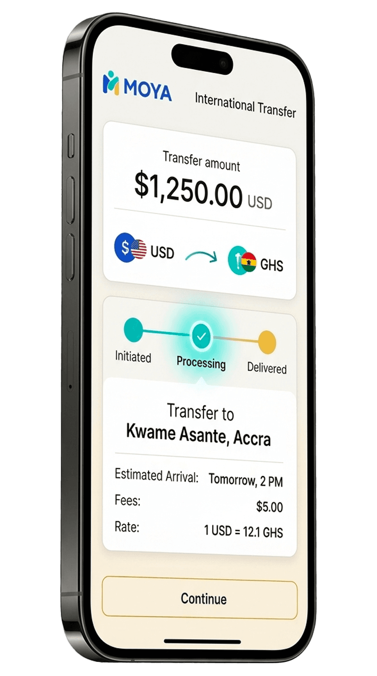 Transfert international MOYA dans l'application